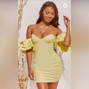 Ohpolly sexy  Oh Polly Blissed Out Bardot Ruffle Sleeve Mini Dress in Lemon